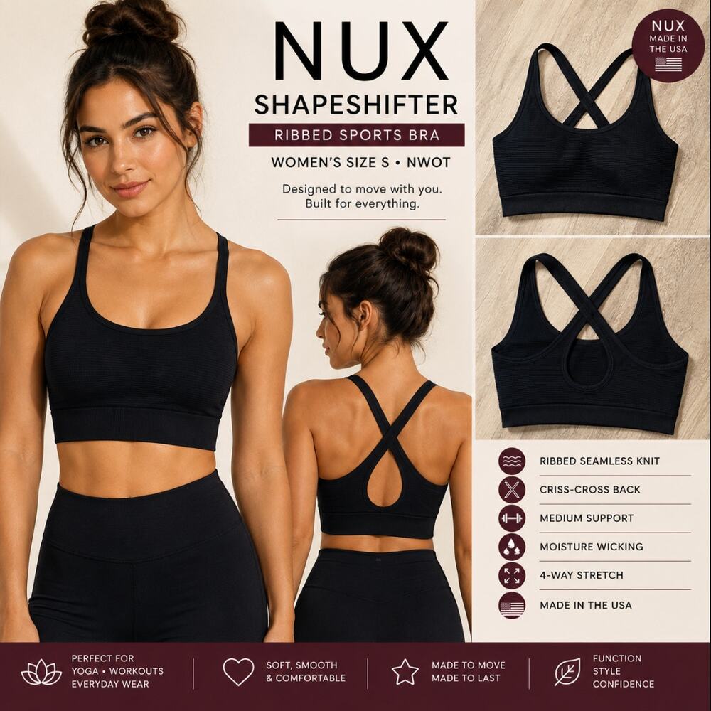 NUX Black Ribbed Seamless Criss Cross Back Sports Bra S NWOT